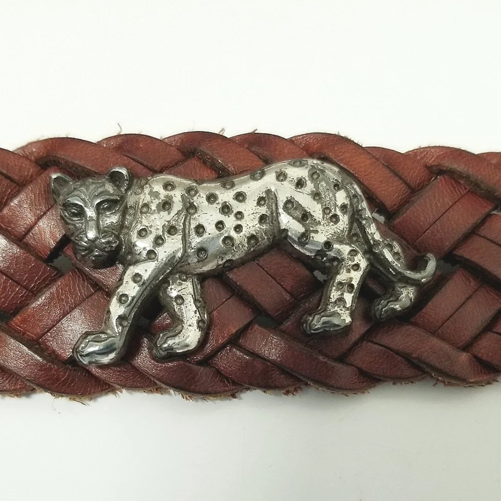 Brighton Vintage 90's Leather Belt Brown Braided Silver-tone Zoo Animals Sz 30